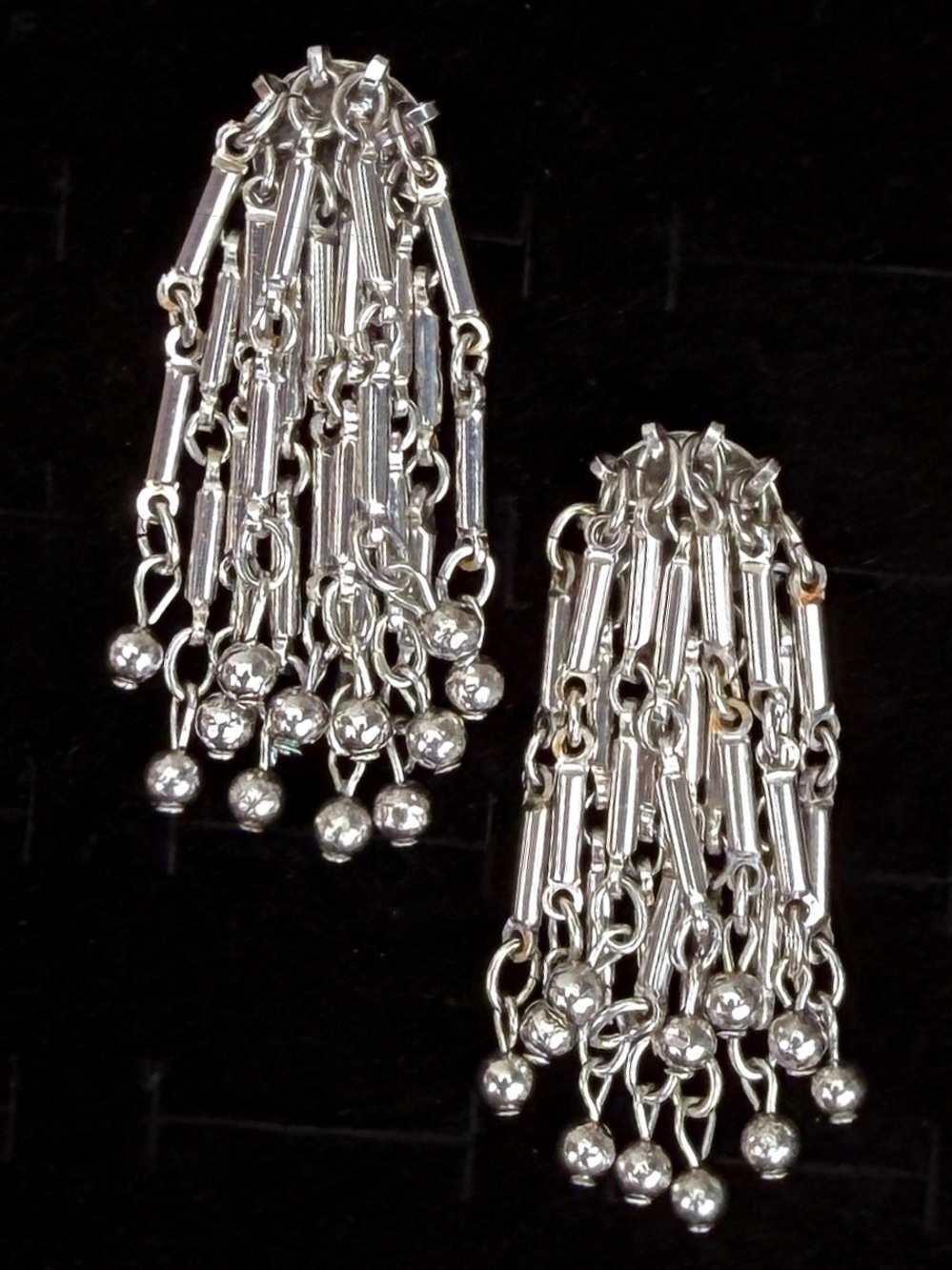 Vintage Coro Silver Tone Chain Fringe Tassel Clip On Earrings